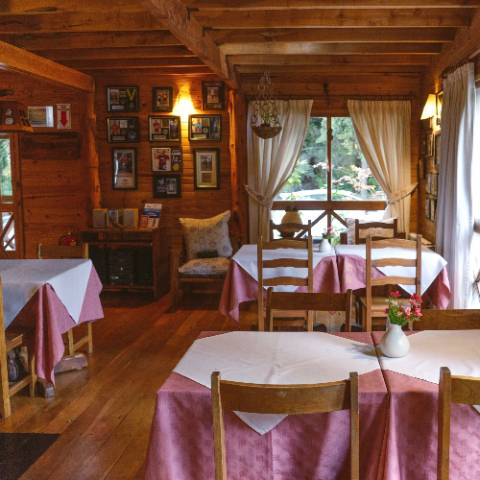 Salón comedor con hogar a leña y vista al parque en Pichi Rincón